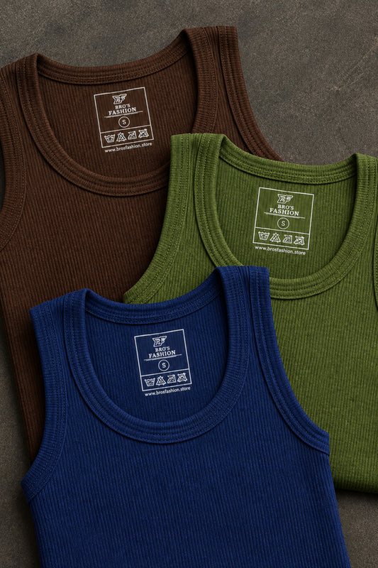 Pack of Three Ribbed Men’s Tank Tops (Brown, Green, Blue)