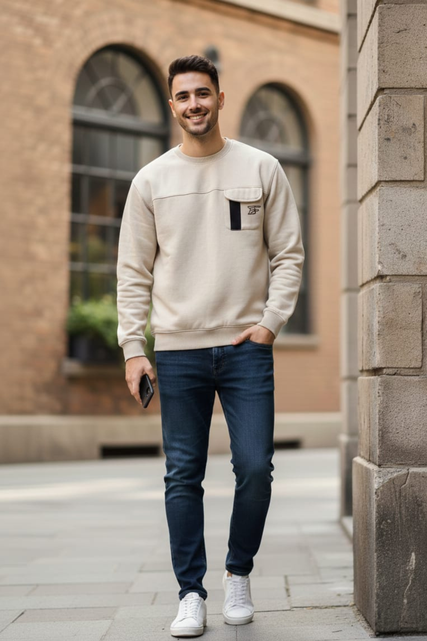 Bros Fashion Round Neck Luxury Fleece Sweat Shirt - Creamy