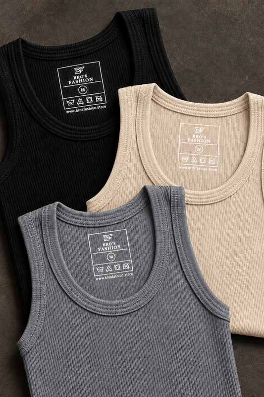 Pack of Three Ribbed Men’s Tank Tops (Black, Beige, Gray)