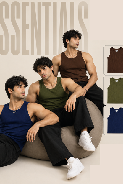 Pack of Three Ribbed Men’s Tank Tops (Brown, Green, Blue)