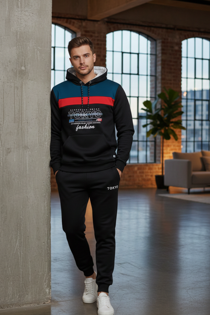 Premium Paneled Polyester Winter Tracksuit - Black