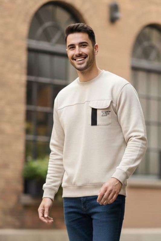 Bros Fashion Round Neck Luxury Fleece Sweat Shirt - Creamy