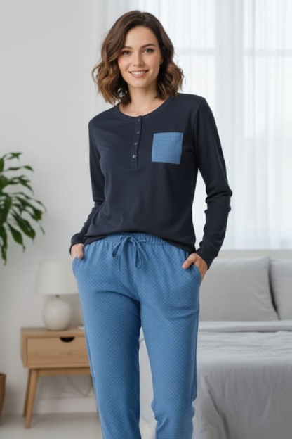 Classic Blue Polka Dot Cotton jersey Pajama Set