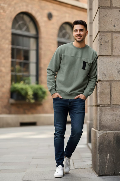Bros Fashion Round Neck Luxury Fleece Sweat Shirt - Green