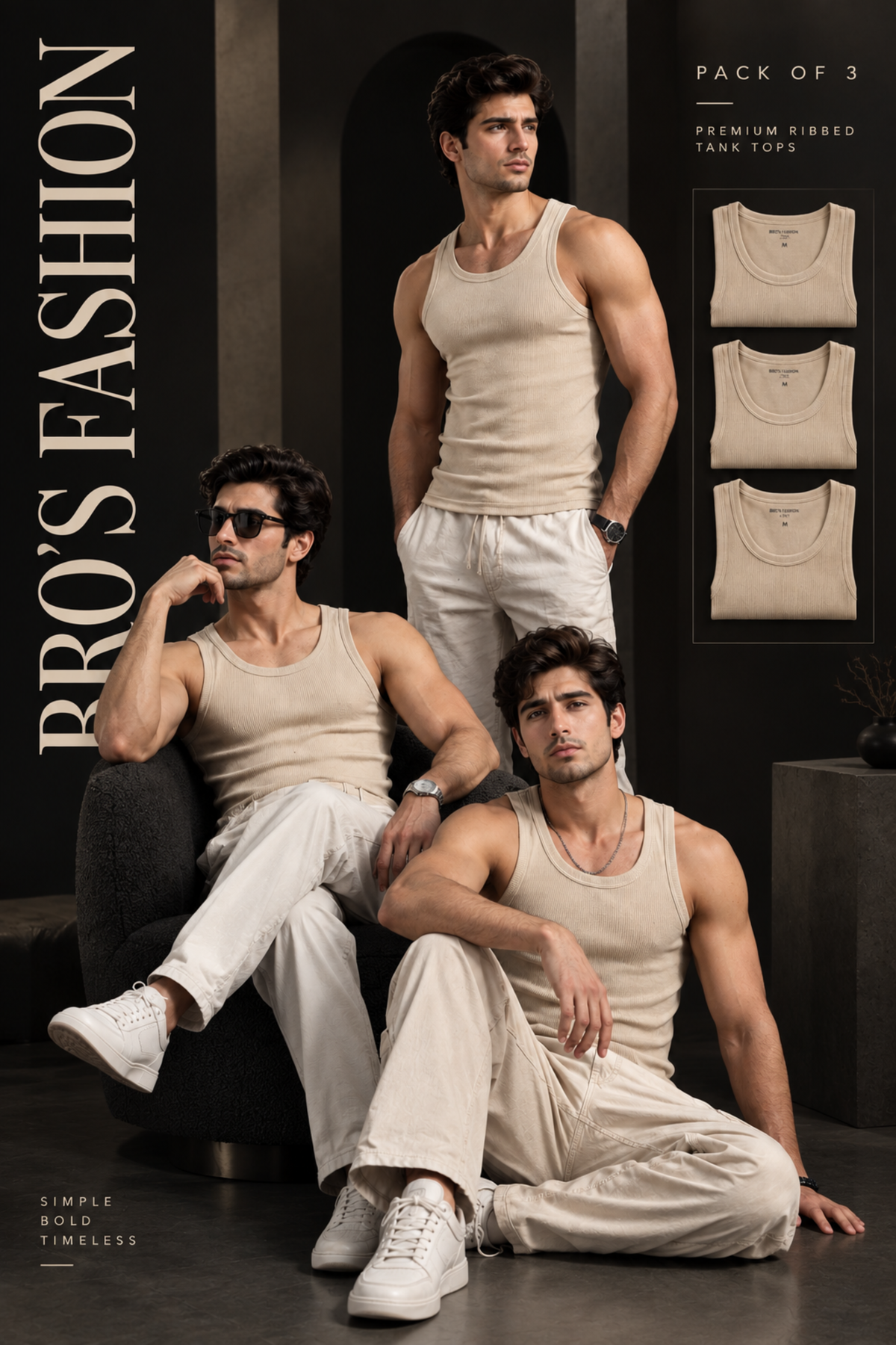 Men’s Classic Ribbed Tank Tops  Pack of Three Beige Color