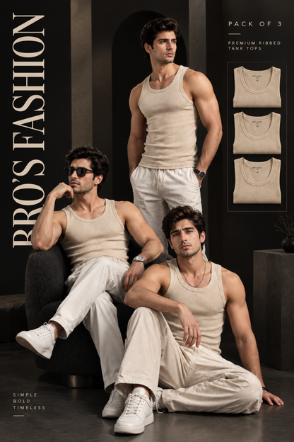 Men’s Classic Ribbed Tank Tops  Pack of Three Beige Color
