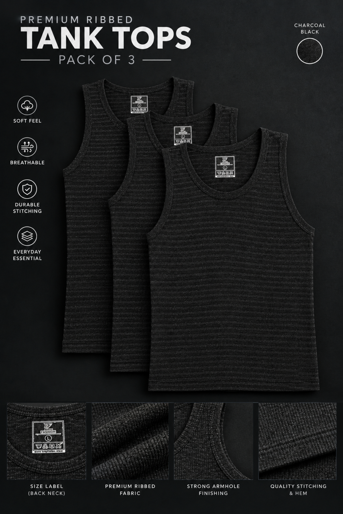 Men's Tank Top Pack of Three - Strip Charcole