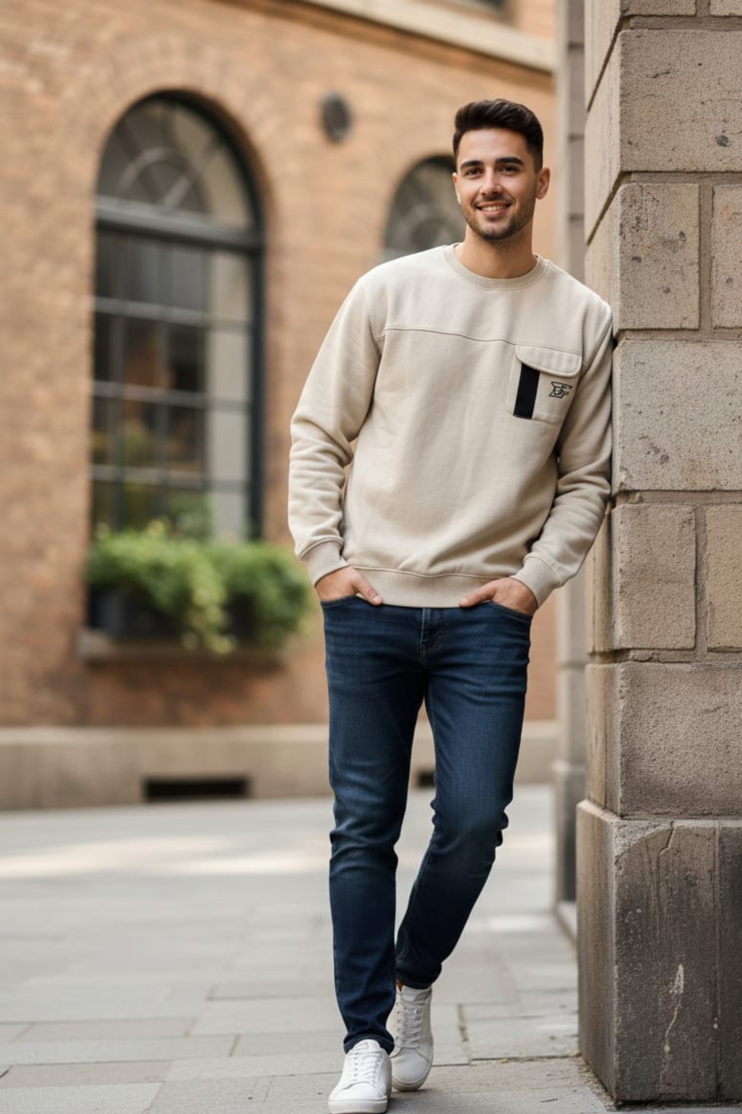 Bros Fashion Round Neck Luxury Fleece Sweat Shirt - Creamy